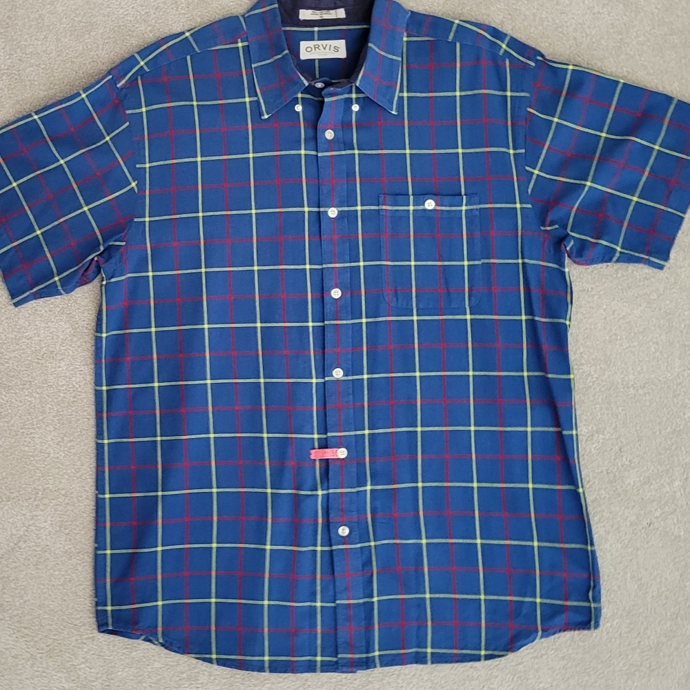 Orvis Plaid Shirt Size XL Short Sleeve Button Down Collar Navy Bugundy